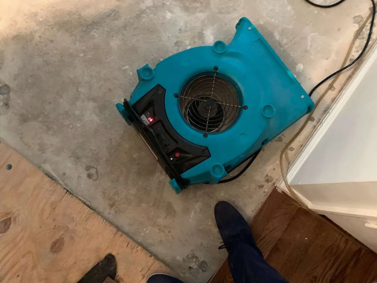 Air mover drying subfloor during Commercial Water Damage Restoration in St. Petersburg